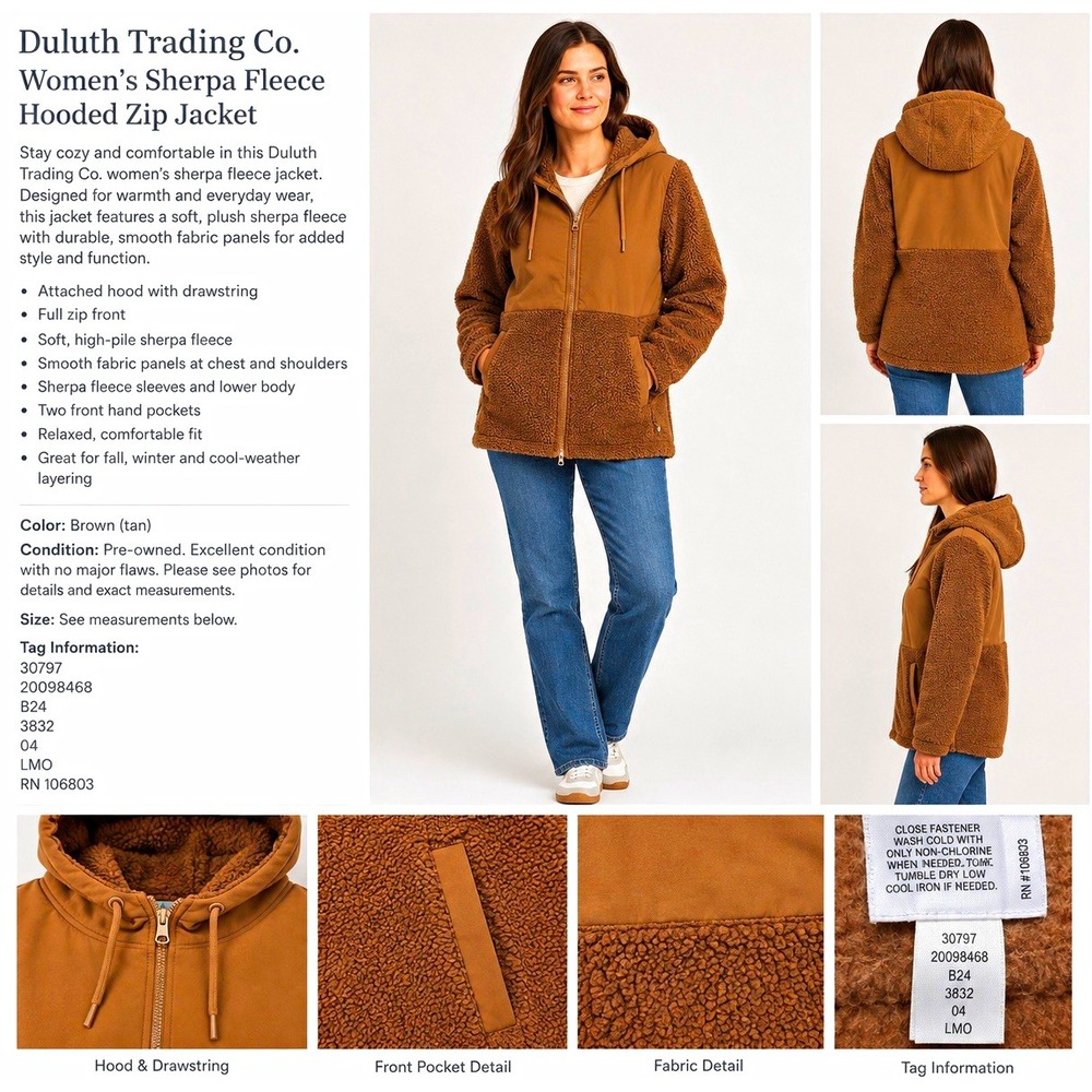 Duluth Trading Co Women's Sherpa Hooded Full Zip Jacket Brown XL Pockets Cozy